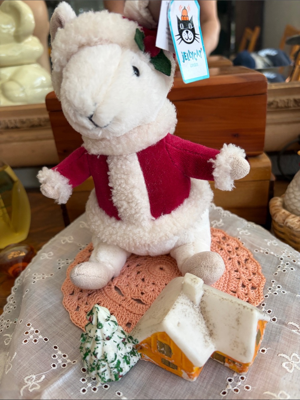 Jellycat Cream Lamb Plush with Red Jacket and Green Holly
